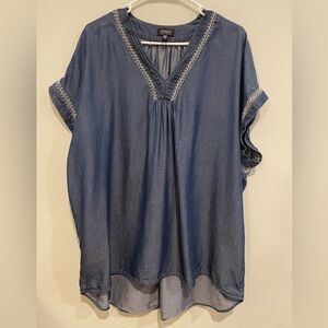Jones New York Denim Blue Blouse with Lace Trim